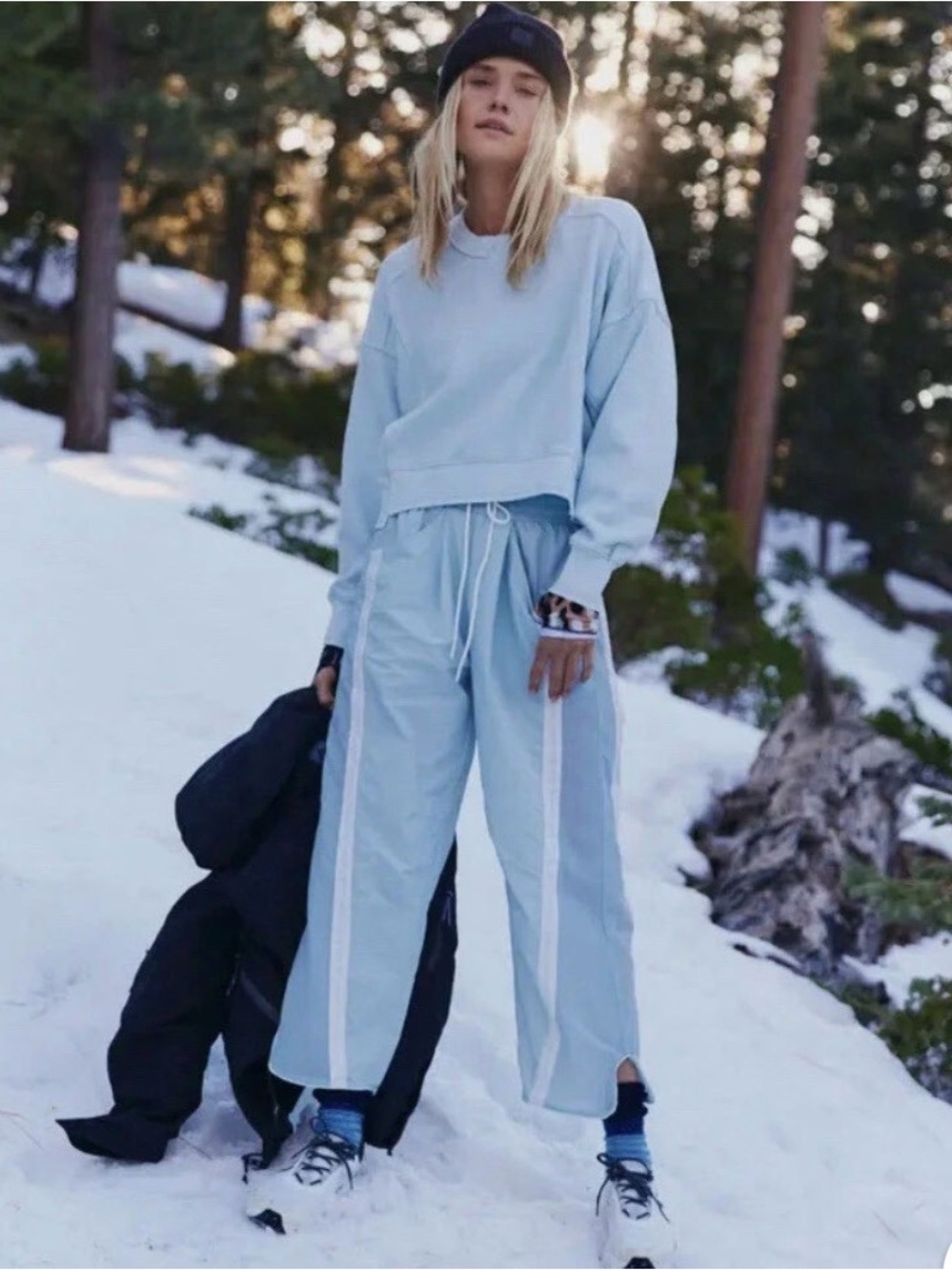 Free People Pale Blue Track Pants with White Side Stripes